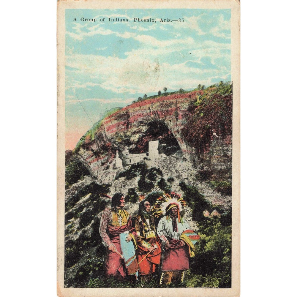 Vintage A Group of Indians Phoenix Arizona Linen Postcard 35 Cliff Dwelling - Picture 1 of 2